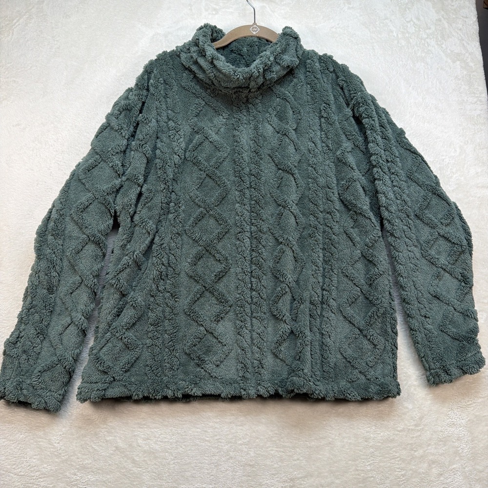 Eddie Bauer Sherpa Fleece Pullover Womens L Sage Green Cable Knit Cowl Neck